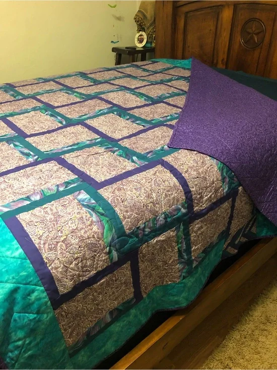 HAND PIECED  - ONE OF A KIND  Purple and Teal Patchwork Quilt