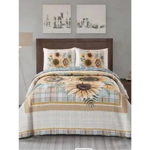Sunflower Patch Plaid Quilted Queen Quilt Set Cottagecore Farmhouse