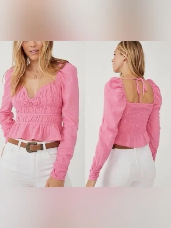 NWT Free People Chloe Top shade Aurora Longsleeve Pink Tie Back Blouse - Size XS