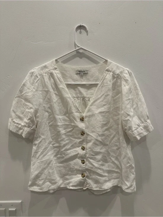 Madewell Cream Linen Button-Front Short Sleeve Blouse