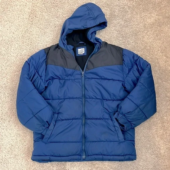 Old Navy SZ L10-12 navy/bla puffer. Zip front w/hood. Adjustable sleeve opening