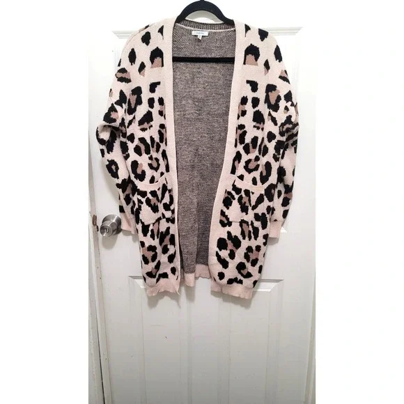 Jodifl Leopard Print Open Front Cardigan‎ Sweater With Pockets