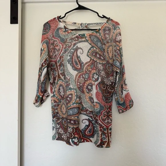 Chico's Women's Paisley Cross-back Detail 3/4 Sleeve Sweater 00 xs Colorful Knit