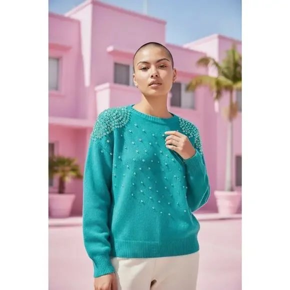 1980s Beaded Sequin CASHMERE Sweater Sz Small‎ Aqua Green Round Neck Barbiecore