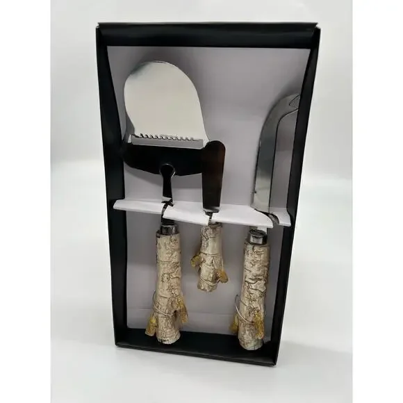 Birch wood 3 piece stainless steel cheese knife and birch wood handles set NEW
