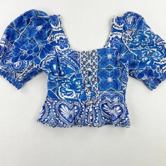 FARM Rio Blue Floral Patchwork Puff Sleeve Blouse