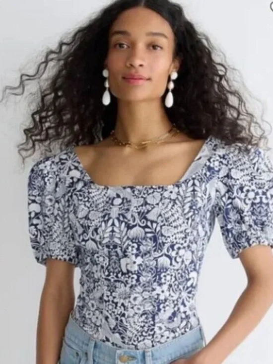 BOGO! J. Crew Puff-Sleeve Cotton Poplin Squareneck Top in Mermaid Floral Size 8