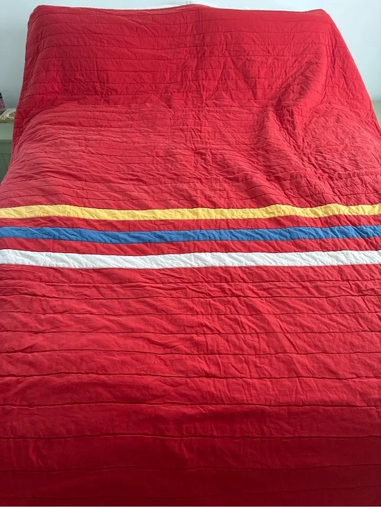 Pottery Barn Kids Red Twin Size Quilt Yellow, Blue and White Stripes