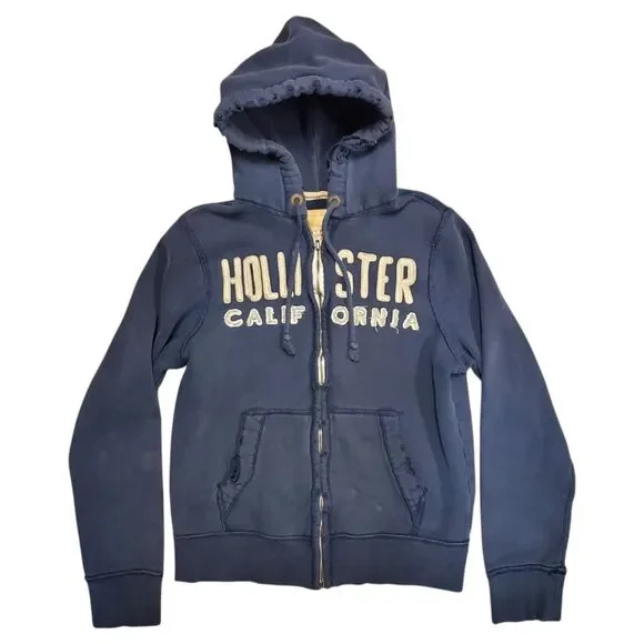 HOLLISTER Sweater Womens Medium Blue Spell Out Pockets Full Zip Hoodie Distress