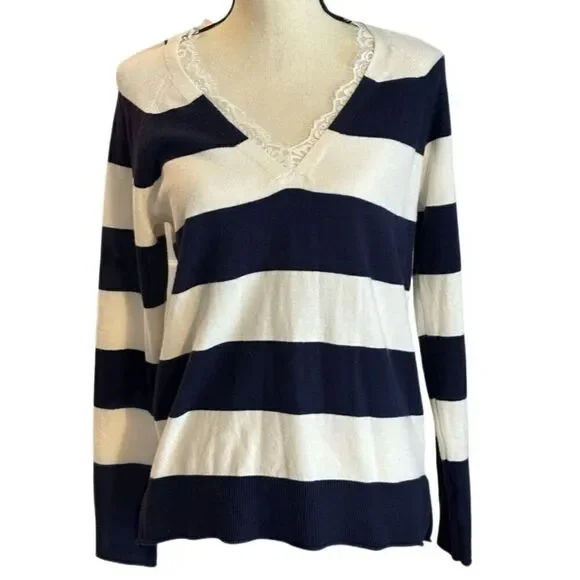 Boston Proper Striped Sweater With Lace Detail Sz S