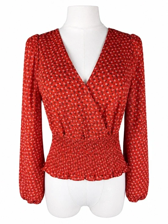 Madewell Red Floral Faux Wrap Wide Elastic Waist Blouse Size Small Puff Sleeve S