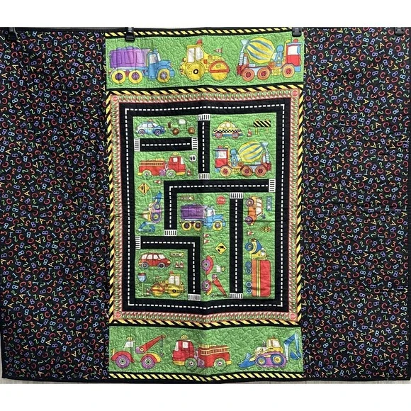 Boys Quilt Handmade Blanket Construction Roads Vehicles ABC 45x39