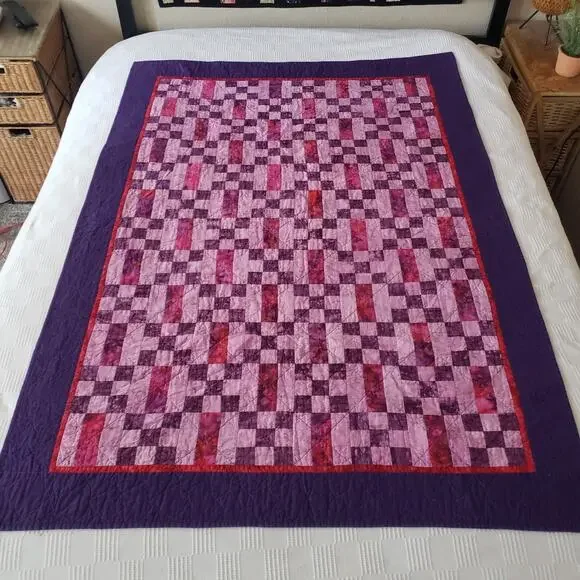 Handmade Batik Lap Throw Quilt Purple Pink Reversible Modern Patchwork 46