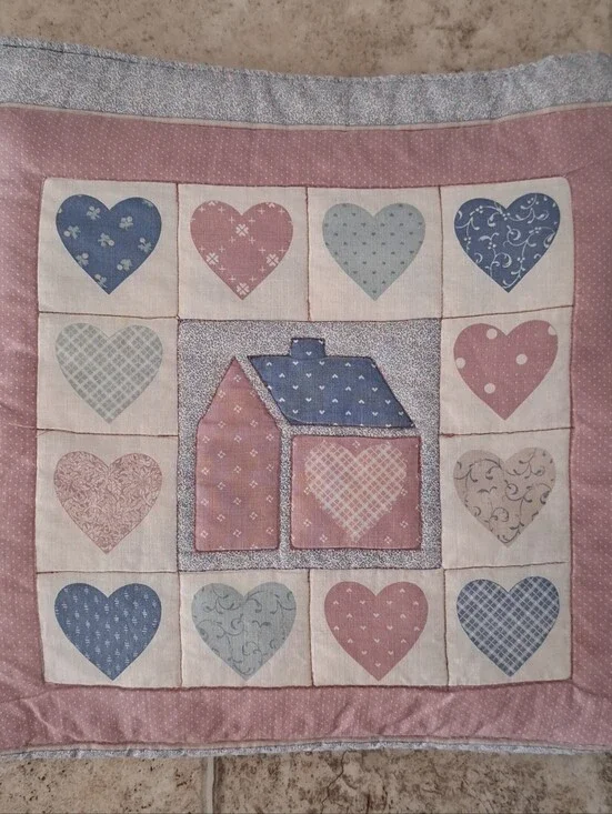Vintage Quillow Handmade Pillow Lap Quilt 90s Cottagecore Hearts Houses Grandma