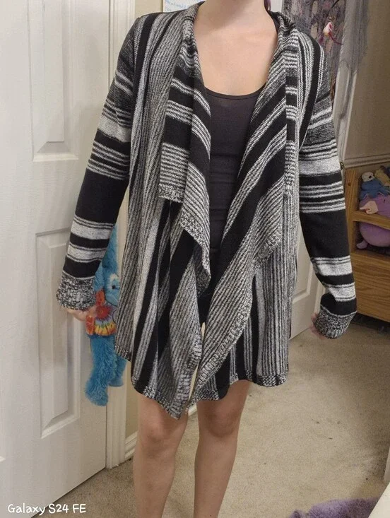 Black and Gray Striped Draped Women's Sweater Cardigan