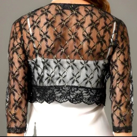 Black Bolero Shrug Top Sheer Sequin Lace W/Floral Pattern Crop Cardigan NWT