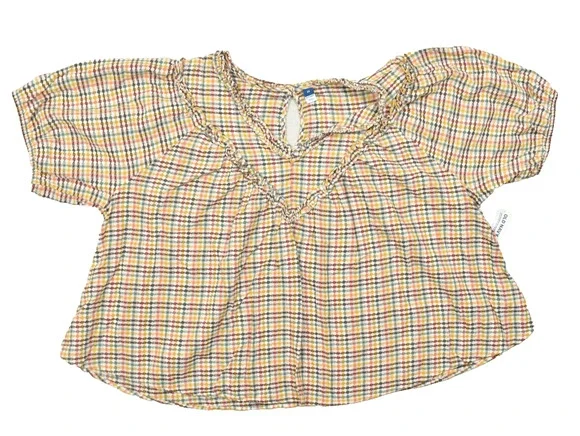 Old Navy Womens 3X Top Multicolor Gingham Plaid Cotton Keyhole Back Puff Sleeve