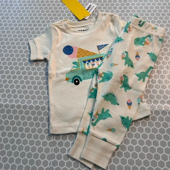 NWT Old Navy Cream Pajama Set Teal Dinosaur & Pink Ice Cream Accents Size 6-12M