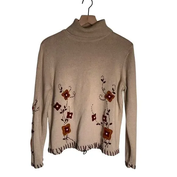 220 HICKORY art deco pearl bead floral design large stitch turtleneck sweater M
