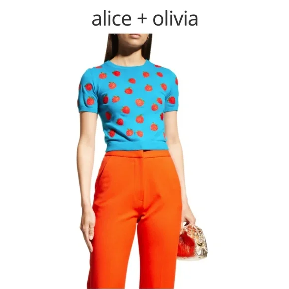 Alice + Oilvia Ciara Embroidered Strawberry Cropped Sweater 🍓