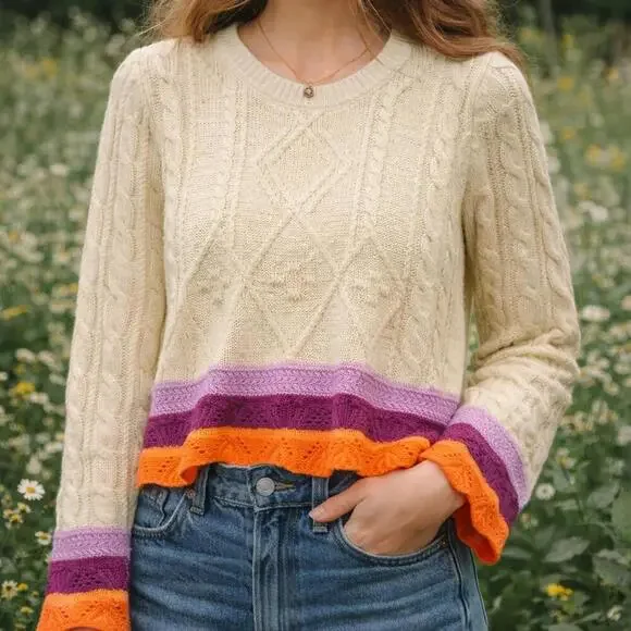 Pink Robin Cable Knit Colorblock Sweater Scalloped Hem XS