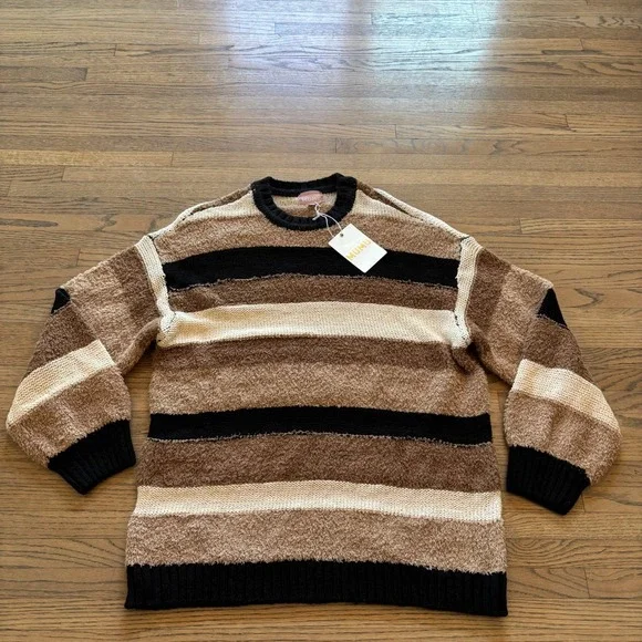 Show Me Your Mumu Womens XS‎ Striped Eyelash Knit Sweater Brown Tan Black NWT