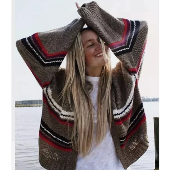 XíRENA Open‎ Cardigan Brown Striped Alpaca Blend Preppy Grampacore Boho FLAW