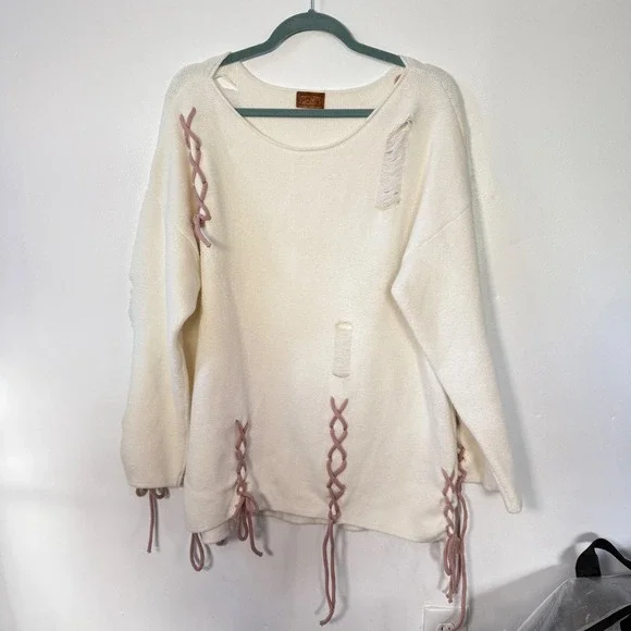 POL Cream Distressed Lace‎ Up Oversized Knit Sweater Pink Cord Detail S