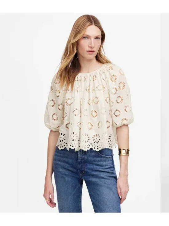 NWT Madewell Embroidered Shirred Puff-Sleeve Top - Size: Medium