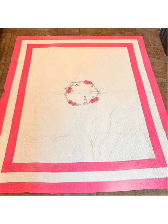 VTG Full Quilt Pink Coverlet Floral Applique Embroidered Romantic Farmhouse
