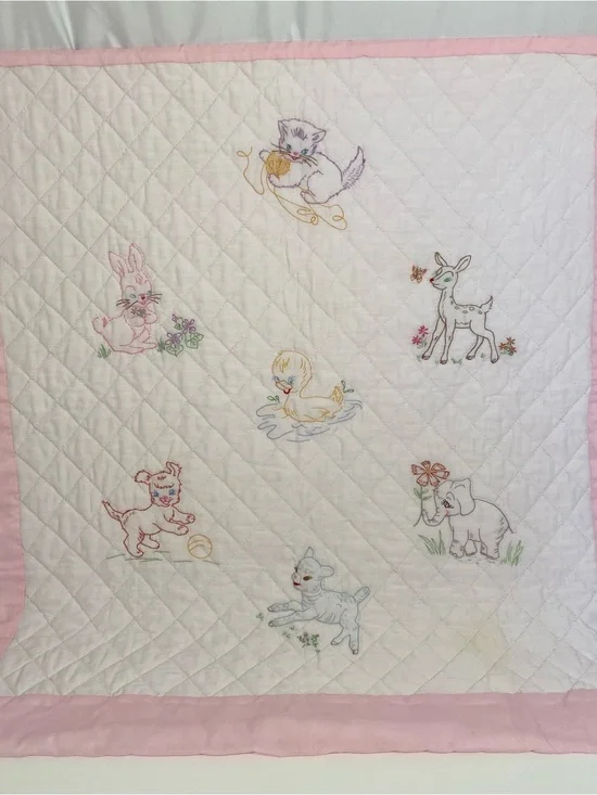 Vintage White & Pink Quilted Baby Blanket with Embroidered Animals