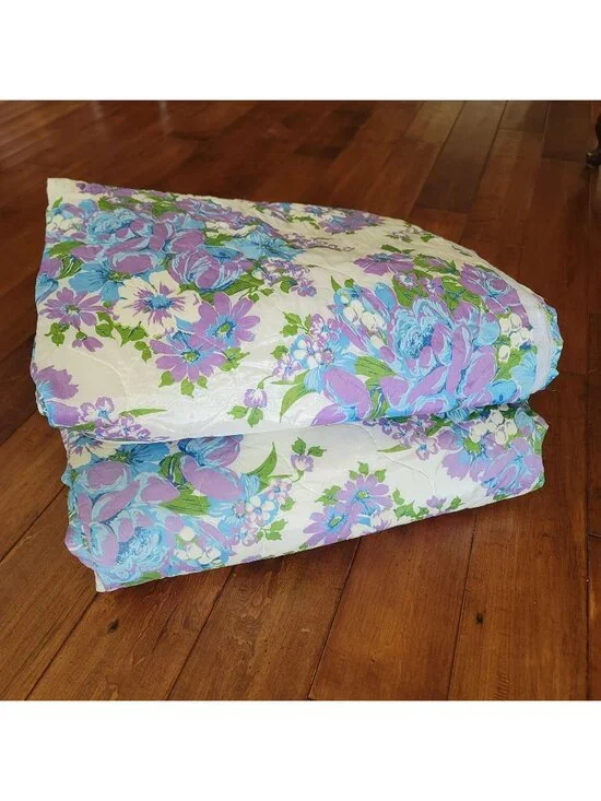 Vintage 70s Blue and Purple Floral Print Twin Size Bedspread Quilted Coverlet