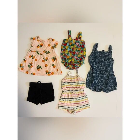 Old Navy Baby Girls Summer Bubdle Multicolor Fruit & Stripe Romper Set 6-12Month