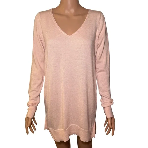 Ann Taylor Pink Merino Wool‎ Blend V-Neck Tunic Sweater Women's Medium