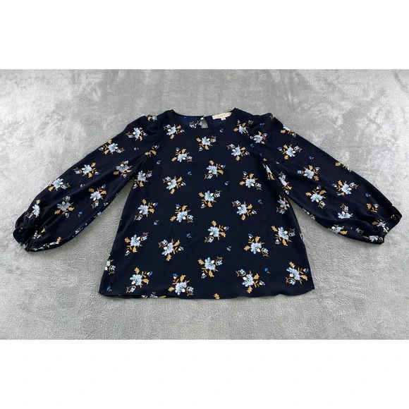 Loft Womens Navy Blue Floral Puff Sleeve Keyhole Back Blouse Top Size S