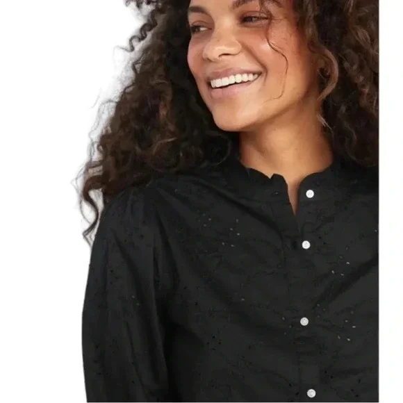 NWT Old Navy Ruffle Neck Black Eyelet Button Down Shirt Top Womens size medium