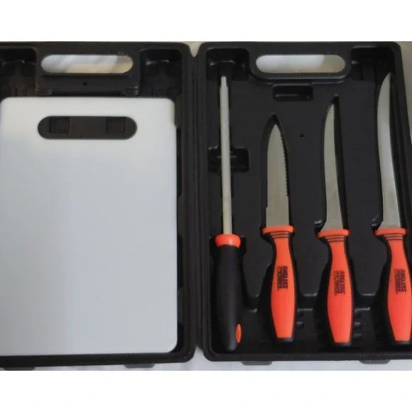Anglers Choice 5 Piece Fillet Knife Set Cutting Board Sharpener Carry Case NEW