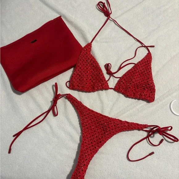 triangl swimwear Red Crochet String Bikini Set
