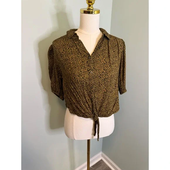 Free People Leopard‎ Print Tie Front Button Down Top Olive Green Brown Size S