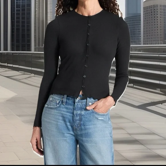 Cardigan Ribbed Full Length Button-Down Rayon Ribbed Trim Edges Long Length Hem