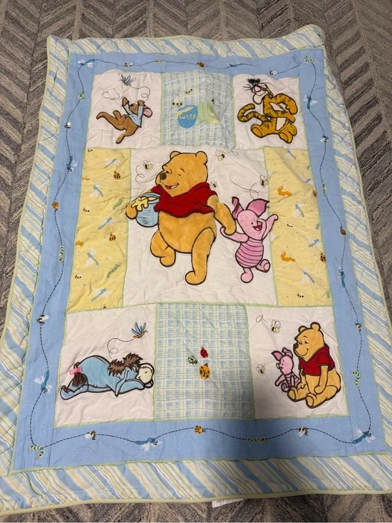 Vintage Winnie the Pooh Blue and Yellow Crib Quilt - Nursery & Crib Skirt