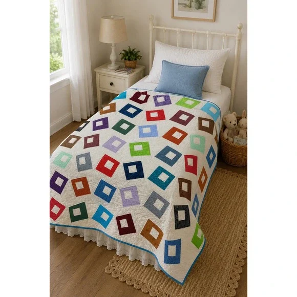Handmade Patchwork Quilt 68x60 Colorful Geometric Twin Throw Topper Cottagecore