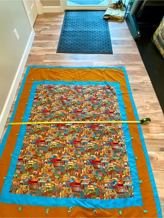 Quilt Patchwork Throw Asian themed Turquoise-Trim Mustard