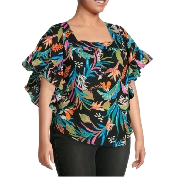 Plus Size Floral Cotton Blouse Square Neck Bell Sleeve Top Artsy Cottagecore NWT