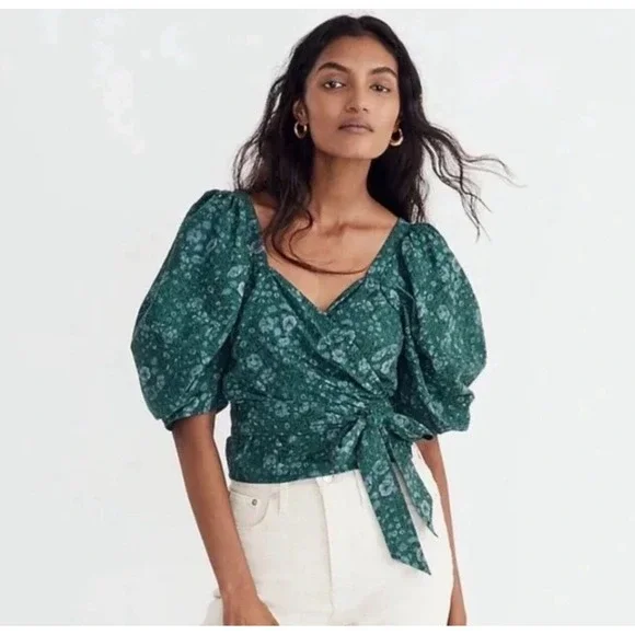 Madewell Seersucker Sweetheart Forest Green Wrap Top in Woodland Floral M/Medium