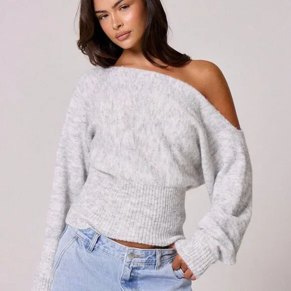 Grey Casual Women's Knit Asymmetrical Shoulder Cinched Waist Sweater Top