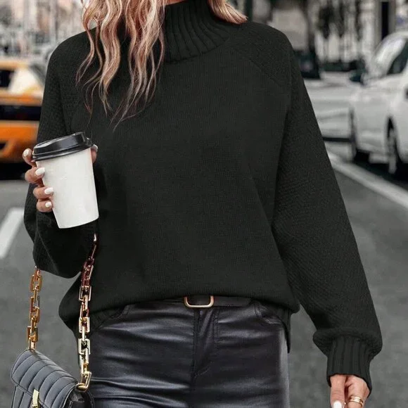 Black Casual Women's Turtleneck Raglan Sleeve Sweater
