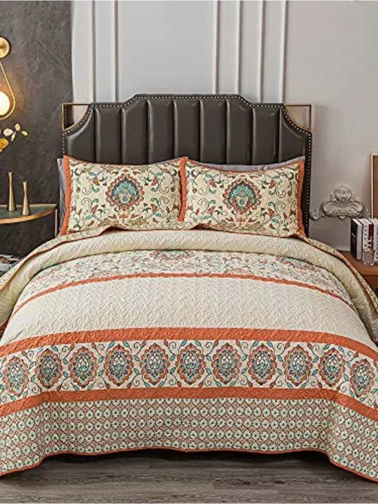 Earthy Floral Quilted Bedspread in Orange and Teal