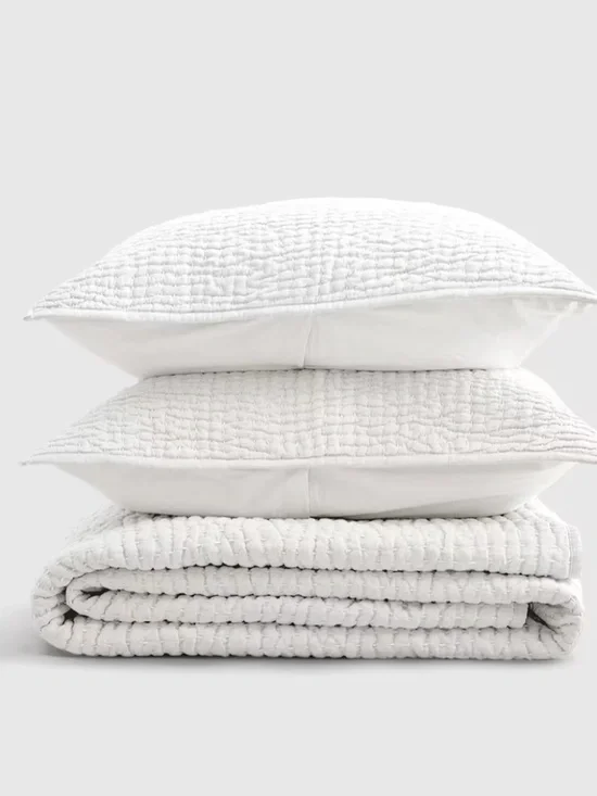 New Quince European Linen Cotton Stitch Quilt Set White Full/Queen