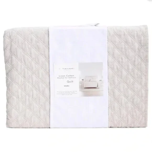 T Tahari Home NWT Double Diamond Melrose Linen Cotton Twin Quilt